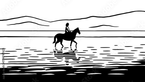 Minimilist silhouette of a horse and rider reflected in water with mountains in the background in black and white vector