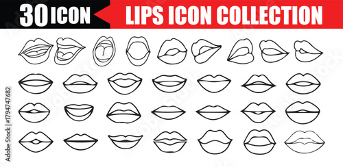 Lips, icon set. mouth, linear icons. different lips doodle hand drawn icon set. Vector Illustration