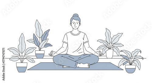 Mindful Woman Meditating in Serene Lotus Position Surrounded by Indoor Plants for Relaxation and Wellness