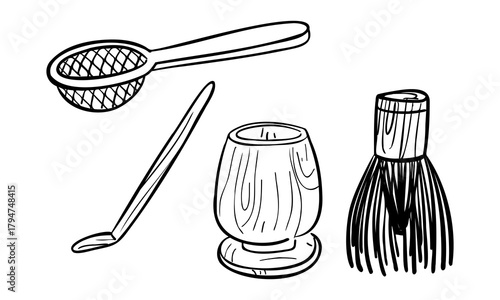 collection of doodle tools for the traditional Japanese matcha tea ceremony. chawan cup, sieve, spoon, and whisk for whipping tea. For blogs about Asian cuisine, tea packaging, and beverage design.