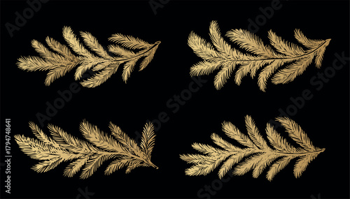 Gold fir branch on black background hand drawn set.	
