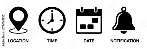 Date time address notification icon, calendar location and alarm bell vector