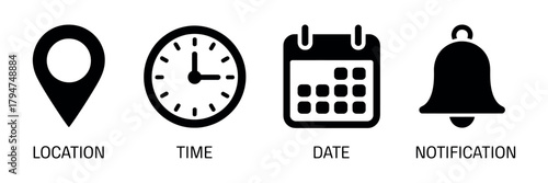Date, time, address, and notification icon set. vector collection of calendar, location pointer, alarm bell, and clock symbols for reminders, schedules, alerts, and user interface design.