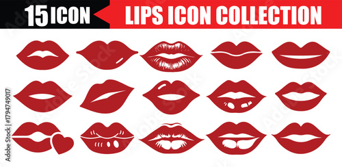 Lipstick Kiss Icons Pack. Woman's lip gestures icon vector set. Girl mouths close up expressing different emotions, Vector Illustration