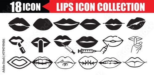 Black and White Lips Icon Collection.  female lips expressing different emotions. Sexy lips smile, kiss, flirt. Vector illustration