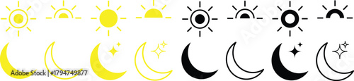 Sun and moon icons set. Daytime sunset, sun, moon icon set. Day and Night icon symbol. black and white icons representing the day and night on transparent png and vector illustration
