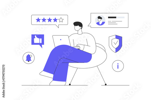Customer help and support online. Call center. Man Operator helps client through monitor screen. Flat Cartoon Vector Illustration, icon Stylish abstract design landing page web