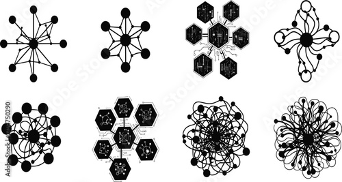 Abstract Neural Network and Data Connection Vector Set, Complex System and Technology Illustration.