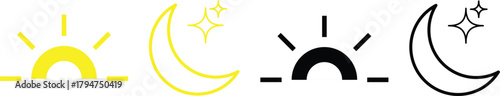 Sun and moon icons set. Daytime sunset, sun, moon icon set. Day and Night icon symbol. black and white icons representing the day and night on transparent png and vector illustration
