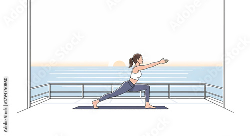 Woman practicing yoga on a balcony, finding balance and relaxation with a scenic ocean view at sunrise vector illustration