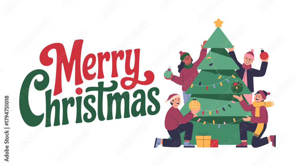 Fototapeta premium Festive Family Decorating the Tree: A family revels in the joy of Christmas, decorating a festive evergreen tree with ornaments and lights, the essence of holiday cheer.