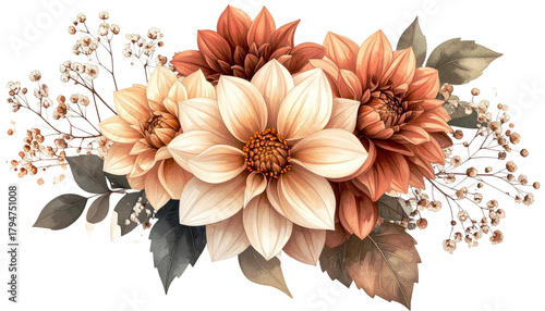 A beautiful arrangement of cream, peach, and rust colored flowers with leaves