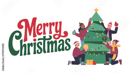 Festive Family Decorating the Tree: A family revels in the joy of Christmas, decorating a festive evergreen tree with ornaments and lights, the essence of holiday cheer.