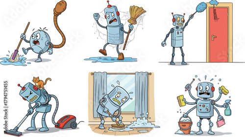 Funny Robot Cleaners Making Mess Vector Set, Cartoon Housekeeping and Automation Illustration.