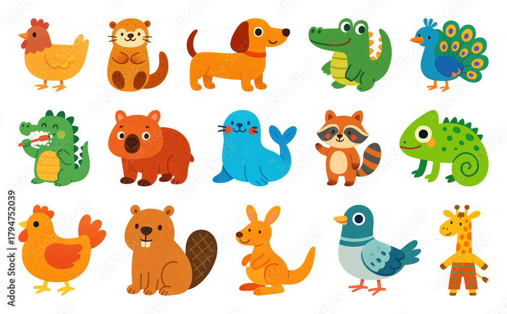 Obraz premium PNG Colorful cartoon animal illustrations, element set on transparent background