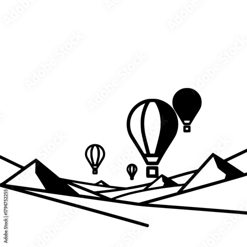 Hot Air Balloons Over Valley, Minimalist Black and White Line Art, Bold High-Contrast Illustration