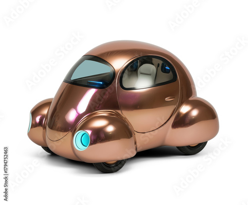 Futuristic sci-fi bubble car made from bronze or copper, isolated on white or transparent background