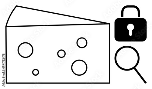 Slice of Swiss cheese, padlock, magnifying glass suggesting vulnerability assessment, cyber protection, flaw detection, risk management, quality control, data security, and inspection simple flat