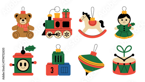 Festive Ornaments: A charming array of Christmas ornaments, each a miniature masterpiece. Featuring a teddy bear, a train, a rocking horse, a doll, a robot, blocks, a spinning top, and a drum.