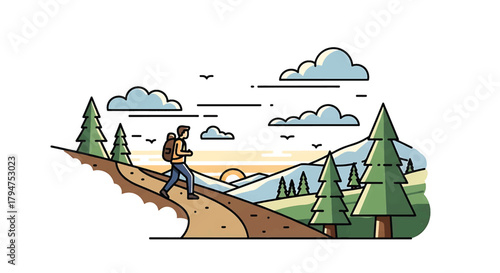 A lone adventurer hikes through a vibrant mountainous landscape at sunrise, embracing nature's beauty on an outdoor trail, vector illustration