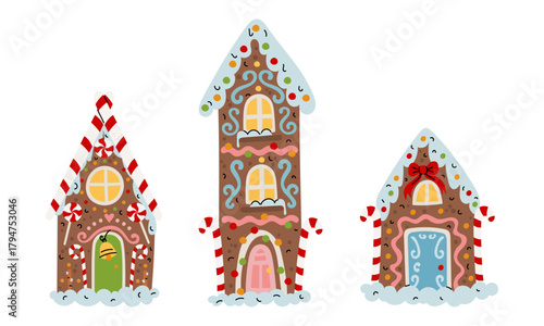 set of Christmas gingerbread houses decorated with icing, candy, and snow. Multi-storey, single-storey houses with various designs. Festive greeting cards, winter crafts, and holiday illustrations