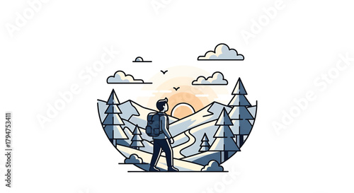 Hiker with backpack exploring mountain forest at sunrise. Vector illustration for outdoor adventure and nature travel
