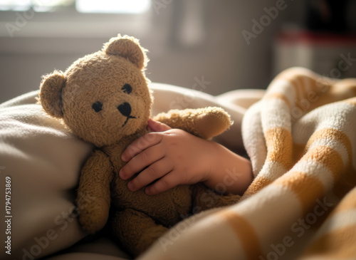 - Child cuddling teddy bear in bed