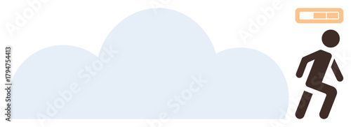 Tired person nearing collapse under cloud shape with battery level gauge over head. Ideal for stress, fatigue, health, productivity, mental health, burnout, wellness themes in simple flat metaphor