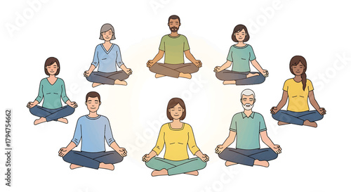 Multicultural group practicing mindful meditation in a serene circle, fostering inner peace, unity, and holistic well-being