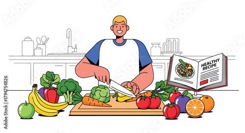 Happy man prepares a healthy meal, chopping fresh vegetables and fruits in a kitchen with a recipe book and vibrant produce