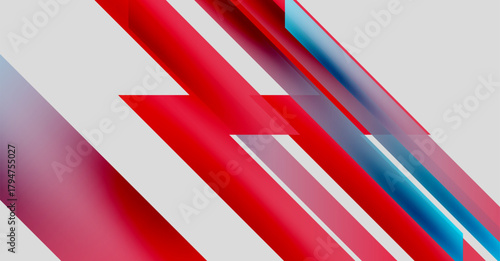 Abstract design features vibrant red, white, blue gradients. Diagonal lines create dynamic, modern visual impact. Minimalist composition.