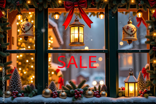 Christmas window decorated with lights, bows, pine branches, tiny houses, and snowfall outside. Warm festive glow inside.