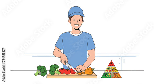 Smiling man preparing a healthy meal with fresh vegetables, promoting balanced nutrition and well-being in a minimalist kitchen illustration