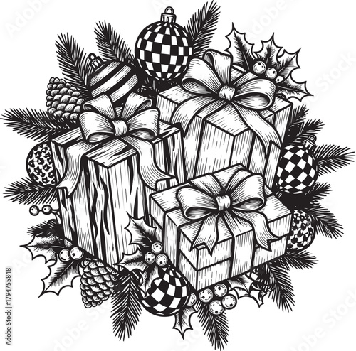 Vintage vector engraving illustration of Christmas presents and pine decorations isolated on transparent background, detailed monochrome and outline festive holiday composition artwork design