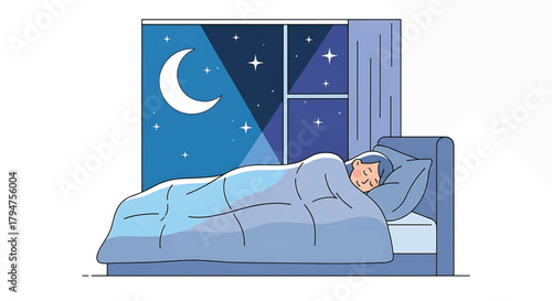 Peaceful night's sleep with starry sky and crescent moon visible through window, symbolizing tranquility and rest