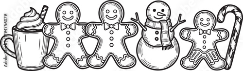 Vintage vector engraving illustration of Christmas composition with gingerbread cookies, hot drink and candy canes isolated on transparent background, detailed festive holiday dessert artwork