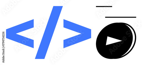 Code brackets and play button emphasize coding, media streaming, and technology. Ideal for web development, programming, video content, software, coding education media automation. Simple flat
