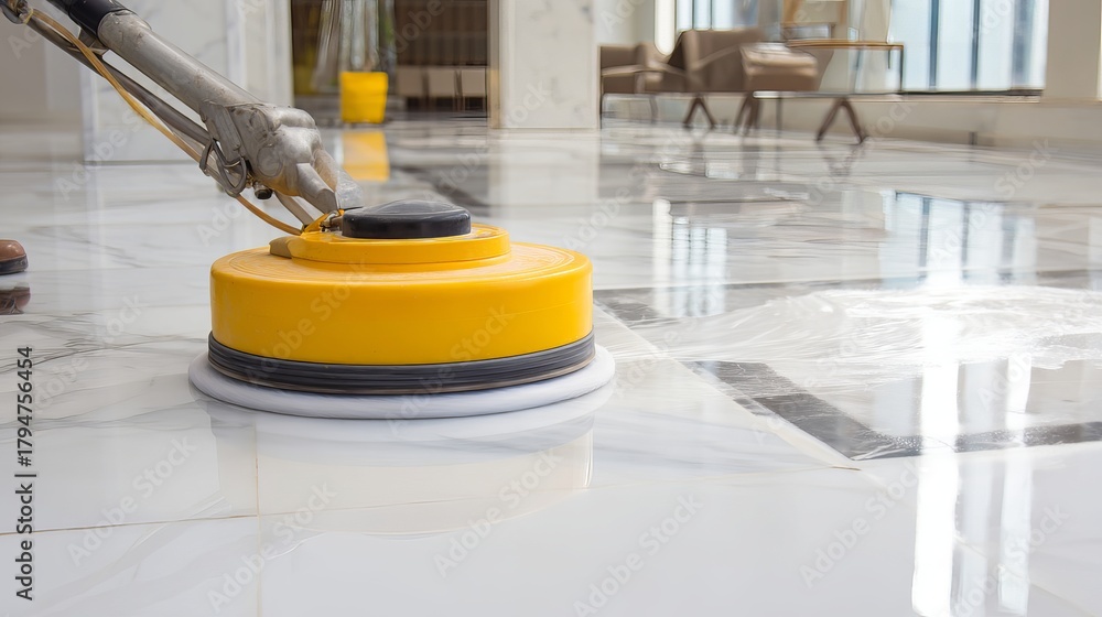 Fototapeta premium Professional floor polishing machine restoring marble shine in a luxurious modern interior space