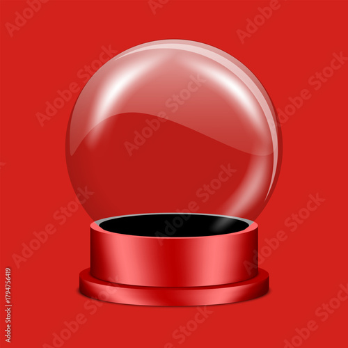 Empty 3D Glass Snow Globe Isolated on Red Background with Space for Custom Designs.