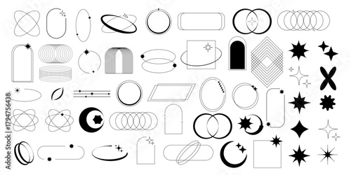 Set of geometric shapes in trendy 90s style. Black trendy design with frame, sparkles, flower, star, lines. Y2k aesthetic element illustrated for banners, social media, poster design, sticker.