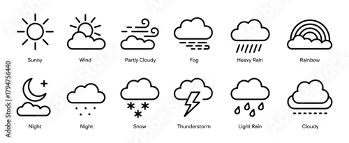 weather icon set in clean line style. includes sunny, cloudy, rain, snow, wind, fog, rainbow, and night symbols for forecasts, climate visuals, and modern graphic design.