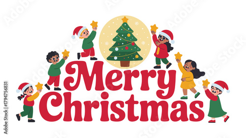 Christmas joy: A vibrant illustration of children adorning a Christmas tree, symbolizing the festive spirit of the season.