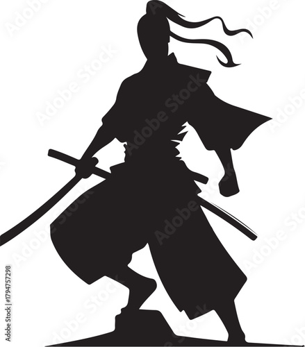 This image is a silhouette of a Japanese warrior. The warrior is shown in a classic pose, holding a katana sword.