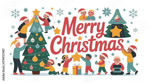 Christmas Cheer: A heartwarming scene unfolds as children decorate a festive Christmas tree, filled with laughter and holiday spirit, creating a merry atmosphere.