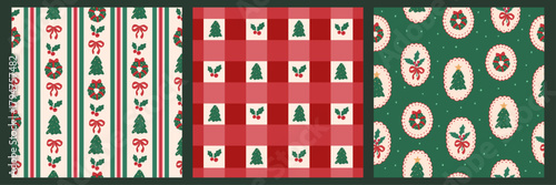 Collection of Holiday Christmas Elements Seamless Patterns Vector Illustration cottage stripes and checkered design and frames