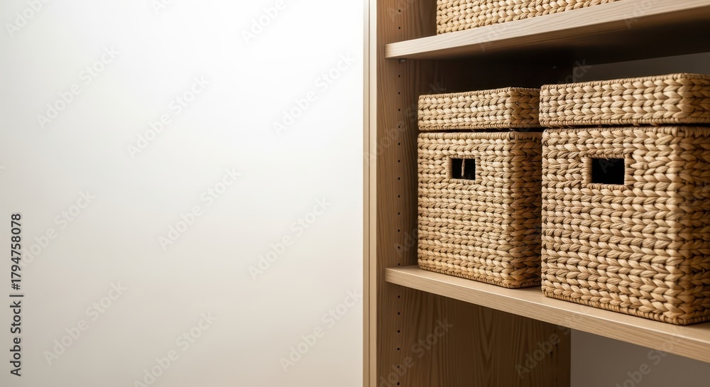 Fototapeta premium Woven storage baskets neatly arranged on wooden shelf indoors 