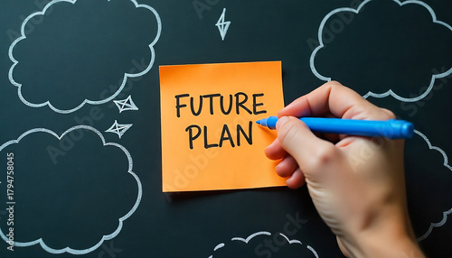 A hand holds a blue marker, writing on a bright light orange sticky note that reads FUTURE PLAN, created with generative ai