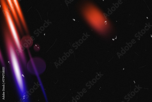 Vibrant light streaks and lens flares creating a dynamic abstract background with warm and cool color gradients and film grain overlay