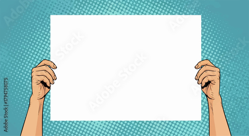 Pop Art Hands Holding Blank White Sign with Transparent Background