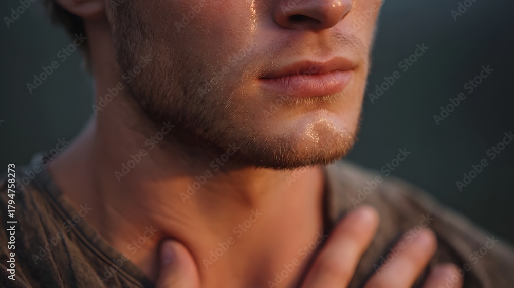 Fototapeta premium Close up of a man sweating heavily hand on throat illuminated by warm dawn light